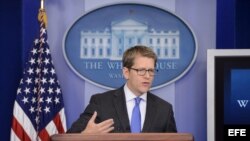 El portavoz de la Casa Blanca, Jay Carney, habla sobre la situación actual en Siria durante una rueda de prensa celebrada en la Casa Blanca, en Washington (Estados Unidos), hoy, martes 27 de agosto de 2013