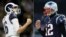 Combinación de fotos de Jared Goff #16 de Los Angeles Rams y Tom Brady #12 de New England Patriots. 