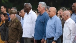 Miguel Diaz-Canel, center, attends a ceremony of the 65th anniversary of the arrival of Fidel Castro to the capital .Jan.2024.AP Photo/Ramon Espinosa 