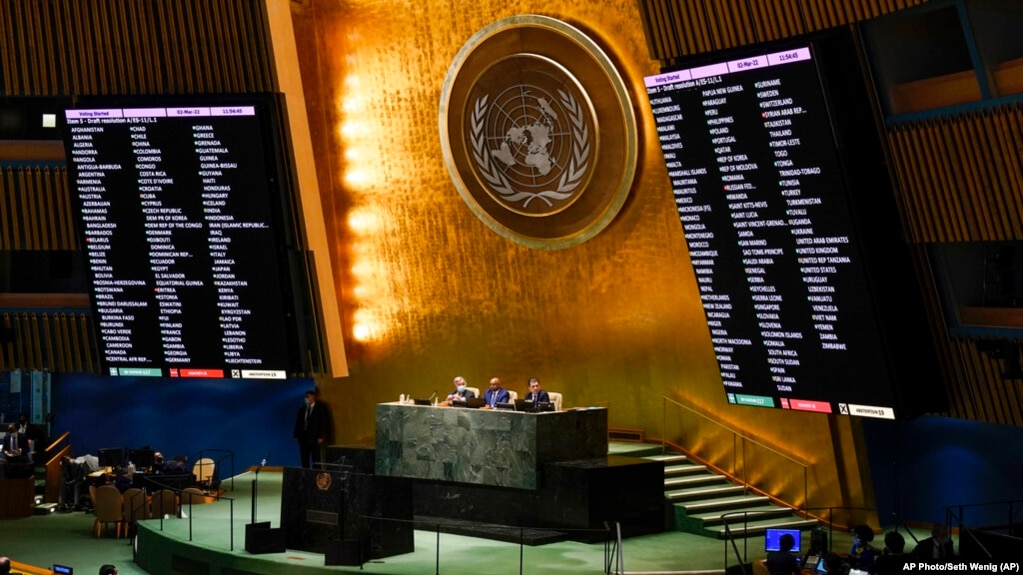 Los miembros de las Naciones Unidas votan una resolución relativa a Ucrania durante una reunión de emergencia de la Asamblea General, el 2 de marzo de 2022. (Foto AP/Seth Wenig).