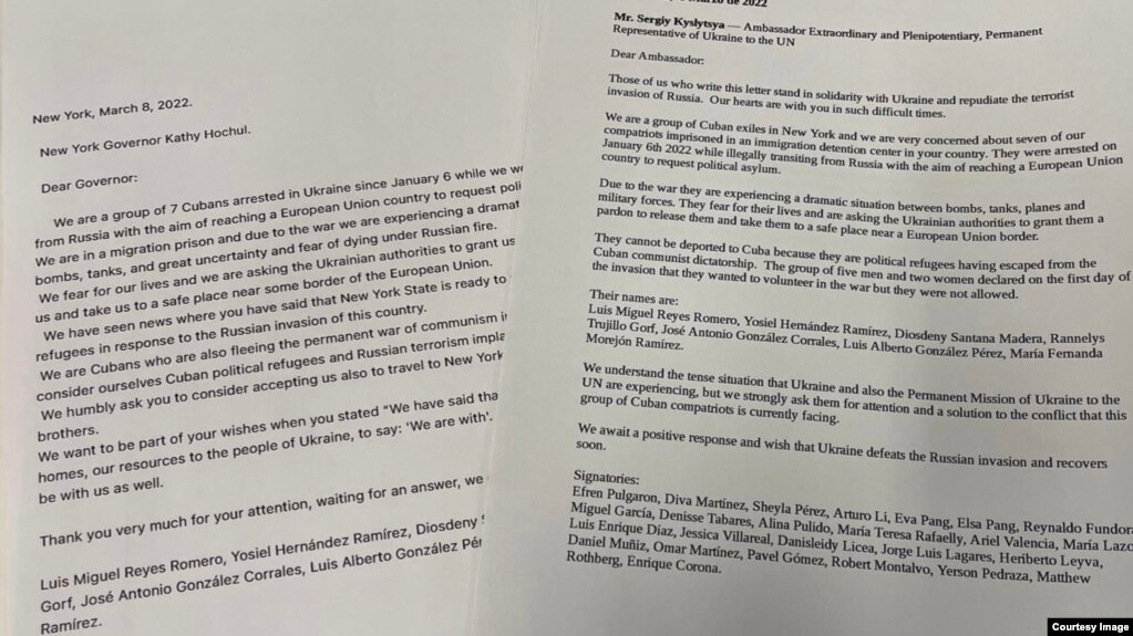 Las cartas dirigidas por el grupo de cubanos a la gobernadora de Nueva York y al embajador de Ucrania ante la ONU.