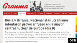 Un artículo en la prensa cubana acusa a Ucrania de incendio en planta nuclear. 