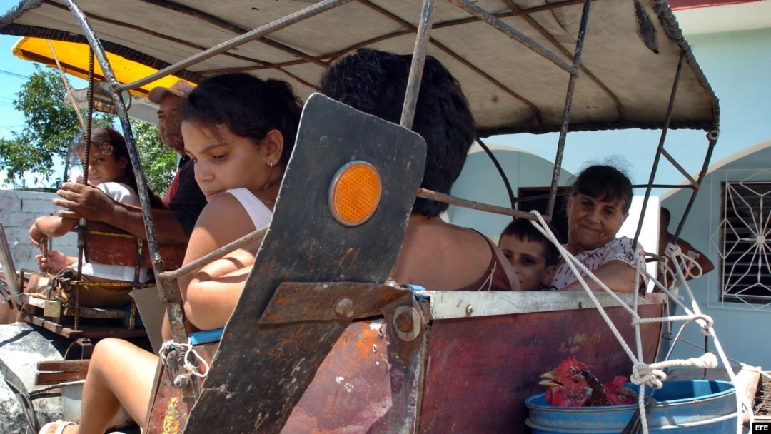Una familia viaja en un coche halado por un caballo en la provincia de Las Tunas.