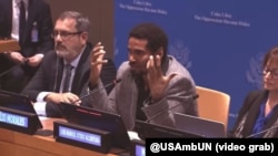 El exprisionero político cubano Luis Manuel Otero Alcántara en su intervención en el evento en ONU convocado por la misión diplomática de EEUU. 