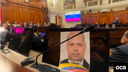 Activistas venezolanos exponen caso del preso político Jesús Rafael Medina en el Senado de Chile, en julio de este año. (Niurka Medina)