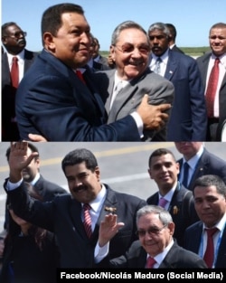 Raúl Castro junto a Hugo Chávez (arriba) y Nicolás Maduro.