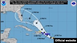 Mapa de la trayectoria pronosticada para Dorian, según el parte de las 8:00 pm de este martes. (NHC)