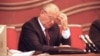 Soviet President Mikhail Gorbachev bows his head in the Congress of People's Deputies shortly after Foreign Minister Edvard Shevardnadze announced his plan to resign in Moscow, Dec. 20, 1990.  (AP Photo/Boris Yurchenko)