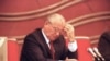 Soviet President Mikhail Gorbachev bows his head in the Congress of People's Deputies shortly after Foreign Minister Edvard Shevardnadze announced his plan to resign in Moscow, Dec. 20, 1990.  (AP Photo/Boris Yurchenko)