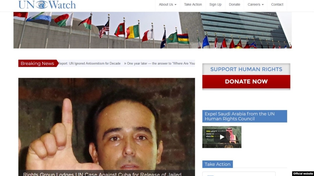 El sitio en internet de UN Watch publica en su portada una nota sobre la demanda legal al Gobierno cubano por Eduardo Cardet. (UN Watch)