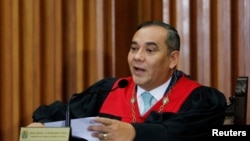 El presidente del Tribunal Supremo de Justicia de Venezuela, Maikel Moreno, durante una conferencia de prensa el 1 de septiembre de 2020 en Caracas. (REUTERS/Manaure Quintero/File Photo).