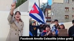 Amelia Calzadilla junto a otros activistas en una protesta el sábado, 14 de mayo, frente a la embajada de Cuba en Madrid, España.
