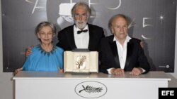 Director Haneke con los protagonistas de su película Amour