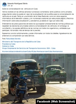 Post en Facebook del Ministro de Transporte, Eduardo Rodríguez Dávila.