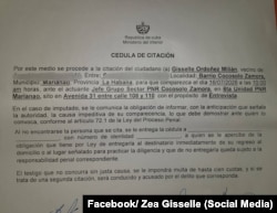 Citación policial cursada a la ciudadana Gisselle Ordóñez Milián, conocida en redes como Zea Gisselle.