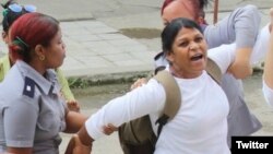 Policía política arresta a la Dama de Blanco Martha Sánchez. (Foto: Angel Moya)