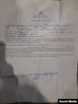 Citación emitida por la 6ta Unidad de la PNR de Marianao a madre durante las protestas