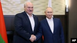 El presidente ruso Vladímir Putin, derecha, y el presidente bielorruso, Alexander Lukashenko, se dan la mano durante su reunión en Sochi, Rusia, el 15 de septiembre de 2023. (Foto, Mikhail Metzel, Sputnik, pool del Kremlin vía AP)