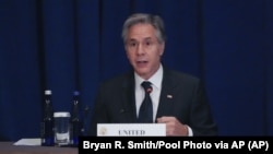 El secretario de Estado de EEUU, Antony Blinken, habla en una reunión ministerial sobre la situación en Venezuela, en Nueva York. (Bryan R. Smith/Pool via AP)