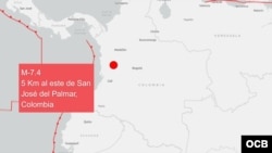 Mapa de localización del sismo en Colombia. (USGS)