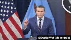 El secretario de Guerra de EEUU Pete Hegseth, en conferencia de prensa en el Pentágono, este 10 de marzo de 2026.