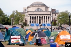 El campamento improvisado por los manifestantes en el campus de la Universidad de Columbia se mantenía este martes, 30 de abril. (Pool Photo/Mary Altaffer)