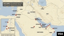 El mapa marca en rojo los puntos atacados por Irán en la región. Mapa VOA.