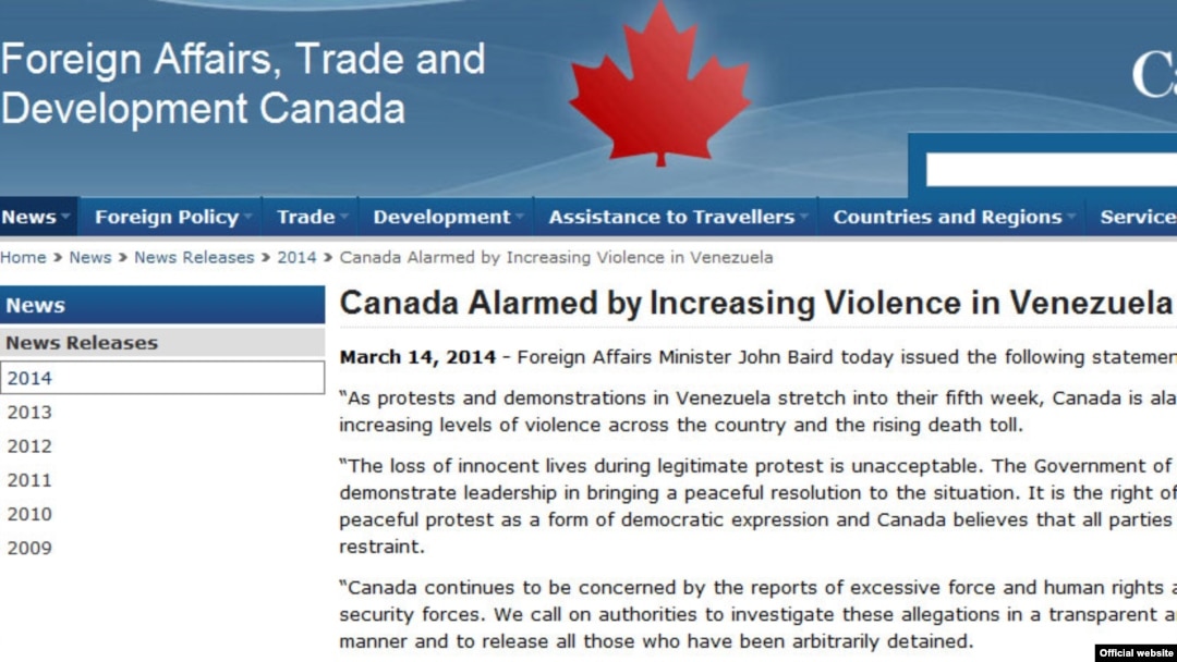 Canadá expresó su alarma por la violencia y las muertes de manifestantes inocentes en Venezuela