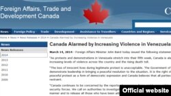 Canadá expresó su alarma por la violencia y las muertes de manifestantes inocentes en Venezuela