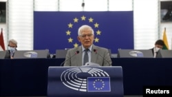 Josep Borrell, vicepresidente de la comisión europea encargada de coordinar la acción exterior de la Unión Europea, pronuncia un discurso en el Parlamento Europeo, en Estrasburgo, Francia. Jean-Francois Badias / Pool via REUTERS