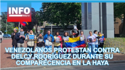 Venezolanos protestan contra Delcy Rodríguez durante su comparecencia en La Haya