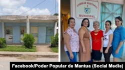 Exterior del Consejo Electoral Municipal (CEM) de Mantua, Pinar del Río. En la imagen de la derecha, Alina García, presidenta del CEM (2da, de izq. a der.), junto a la secretaria de la institución, Nieves María Castro.