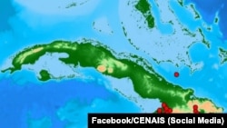 Mapa muestra los sismos registrados en Cuba entre el 13 y el 14 de diciembre de 2024. (Facebook/CENAIS)