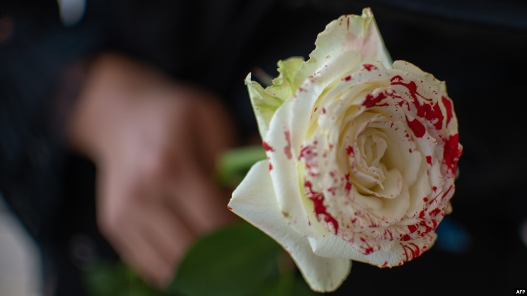 Una mujer sostiene una rosa ensangrentada en protesta contra los feminicidios. 