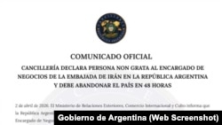 Comunicado del Gobierno de Argentina declarando "persona non grata" al encargado de negocios de Irán y exigiéndole que abandone el país.