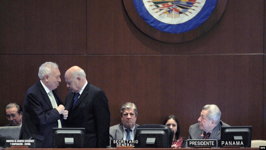 José Manuel García-Margallo (i), saluda al secretario general de la Organización de Estados Americanos (OEA), José Miguel Insulza (c).