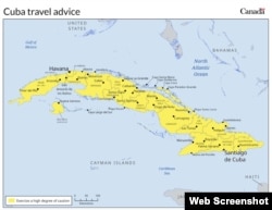 Alerta de viaje para Cuba del gobierno canadiense. 