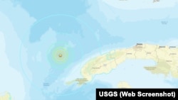 La estrella marca el epicentro de un sismo de magnitud 6.4, cerca de Mantua, Pinar del Río, Cuba, este 8 de junio de 2026.