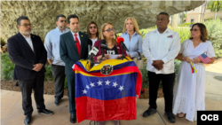 Hellen Villalonga, presidenta de la ong AMAVEX junto a representantes de otras organizaciones, activistas y autoridades municipales en rueda de prensa. (OCB)